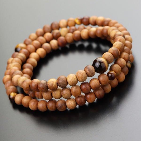 肉球付き茶色パンダ】金玉付きシミュレーション 数珠ブレスレット 108玉 白檀（インドネシア産） 虎目石 3重 - 念珠