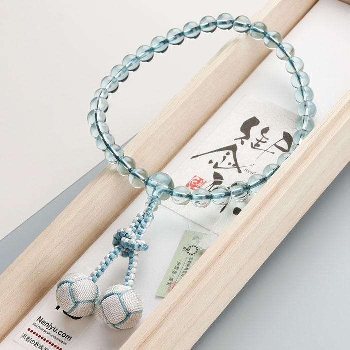 数珠 女性用 約8.5ミリ 上質 ブルークォーツ 正絹製・小田巻梵天2色房