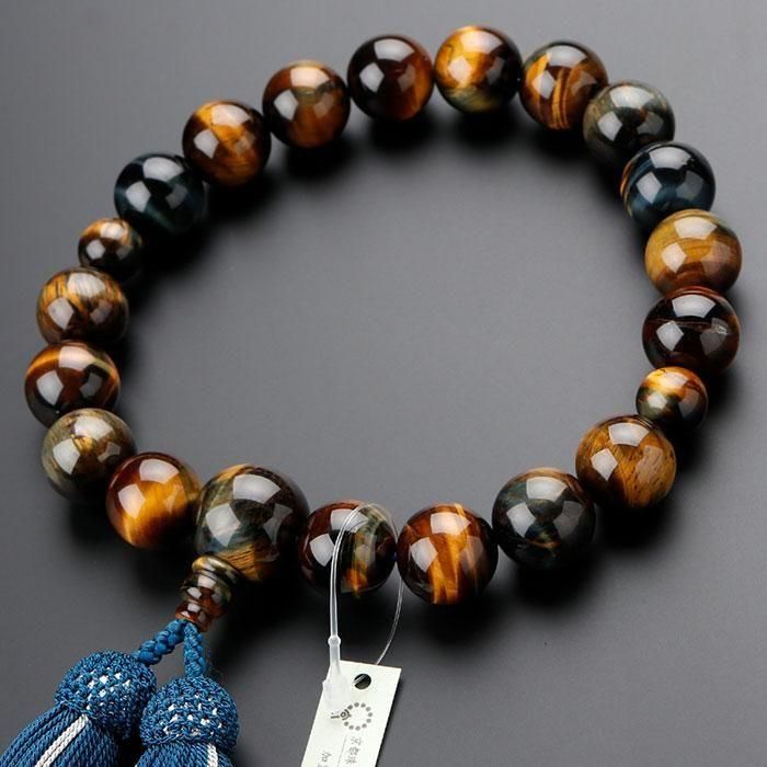 虎目数珠18㍉玉 数珠 男性用 18玉 混合虎目石 4匁・正絹頭付2色房 2000100601273