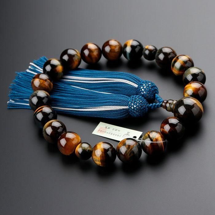 虎目数珠18㍉玉 数珠 男性用 18玉 混合虎目石 4匁・正絹頭付2色房 2000100601273