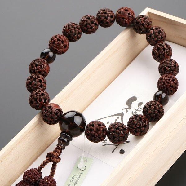 数珠 男性用 羅漢彫り 虎眼菩提樹 茶水晶 正絹房 - 数珠 京念珠 専門店