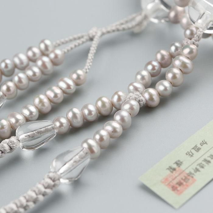 ≪特別価格≫日蓮宗 数珠 女性用 8寸 淡水パール（グレー）本水晶 正絹