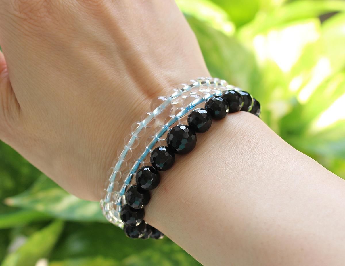 数珠ブレスレット 約8ミリ 128面カット 黒オニキス 約6ミリ 32面カット