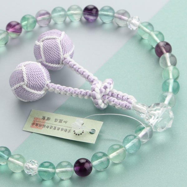 数珠 女性用 約8ミリ 紫水晶 カット水晶 2色梵天房 数珠袋付き - 数珠