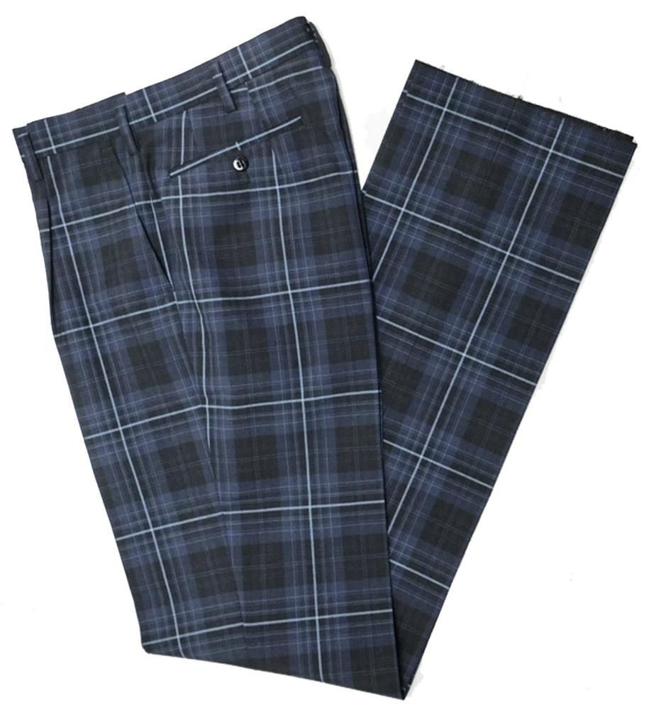 激安超安値 制服スラックス 中学 W100 ワンタック 紺×ブルーチェック 夏用 パンツ