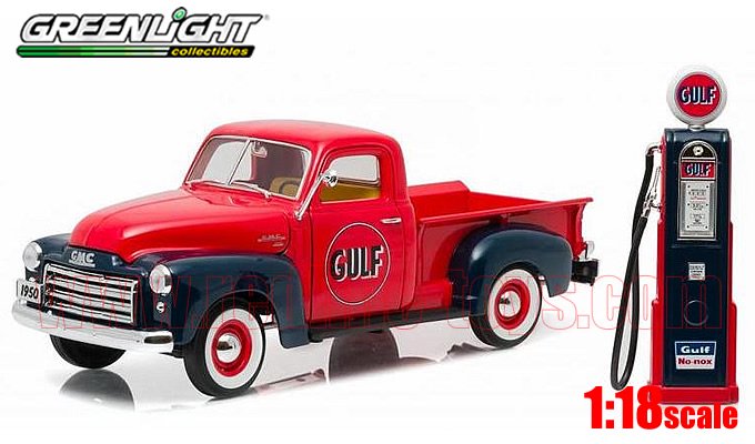 グリーンライト 1950 GMC 150 GULF OIL w/ ビンテージ ガスポンプ 1:18