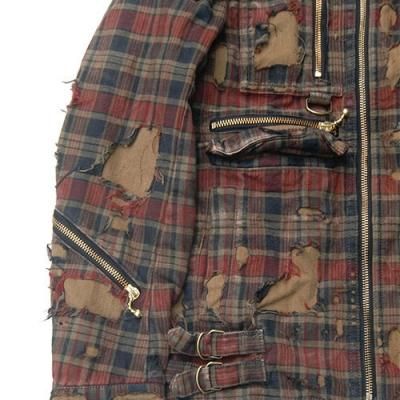 □【blackmeans】71GJ18-8 DESTROYED CHECK ZIP JACKET