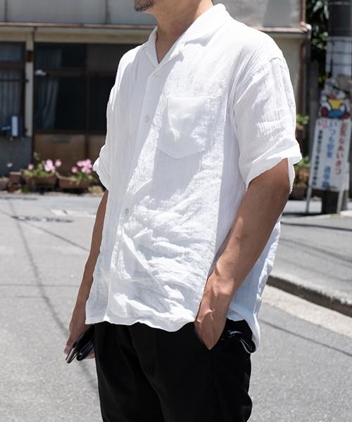 麻100% ちぢみ ユニセックス オープン カラー シャツ | ホワイト 麻100% ちぢみ ユニセックス オープン カラー シャツ | ホワイト