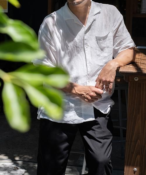 麻100% ちぢみ ユニセックス オープン カラー シャツ | ホワイト