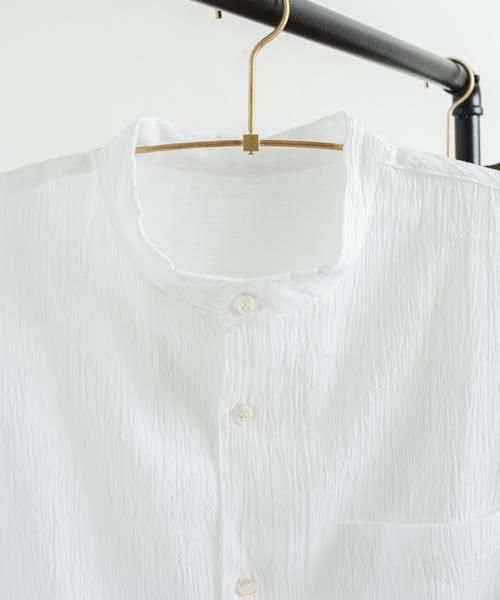 麻100% ちぢみ ユニセックス スタンド カラー シャツ | ホワイト