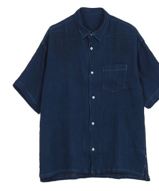 麻100% ちぢみ ユニセックス レギュラー カラー シャツ 本藍染の商品画像