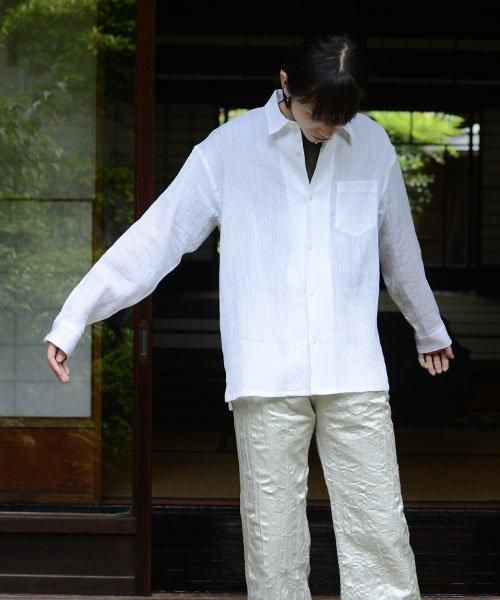 麻100% ちぢみ レギュラー カラー シャツ 長袖 | ホワイト