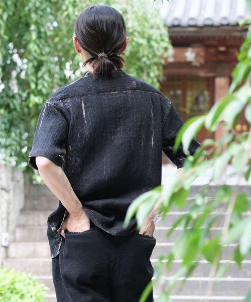 麻100% ちぢみ ユニセックス スタンド カラー シャツ | オーバー