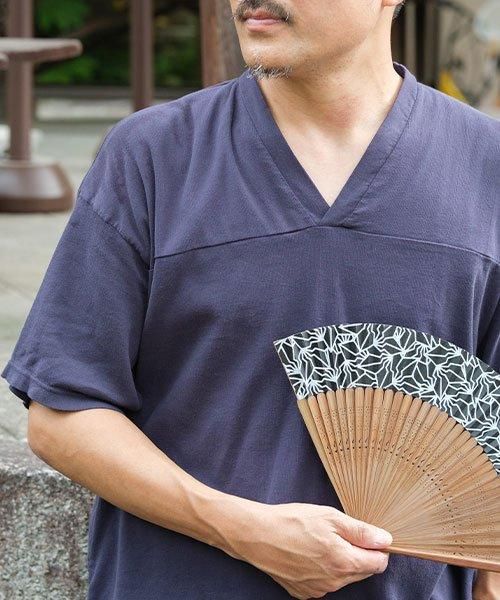 ピケ 着物Vネックシャツ 半袖 | インディゴ - 楊柳生地 専門店 山城