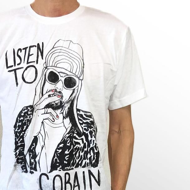 Nirvana ニルバーナ Listen To Cobain カート コバーン イラスト ホワイト Tシャツ