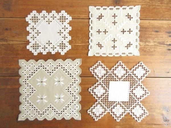 アンティーク北欧 ハーダンガー緻密な総刺繍レースコースター スクエアドイリー アンティーク北欧 ハーダンガー緻密な総刺繍レースコースター