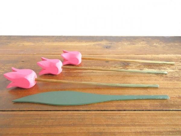 P 木製チューリップのオブジェ：ピンク3本＆葉っぱ付き。。。♪ - 北欧