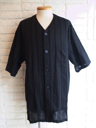 【STRUM/ストラム】Stripe Cotton Leno Cloth Baggy N-collar Shirts (BLACK) 