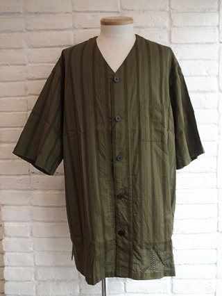 【STRUM/ストラム】Stripe Cotton Leno Cloth Baggy N-collar Shirts (KHAKI) 