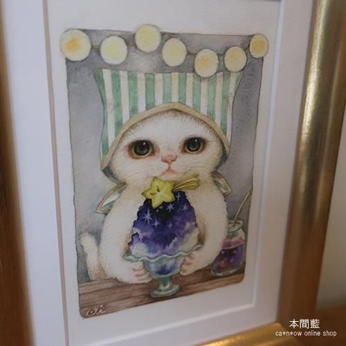 絵画。原画【かわいい白い猫が夜に梯子を登って光る星を集める】 絵画。原画【かわいい白い猫が夜に梯子を登って光る星を集める