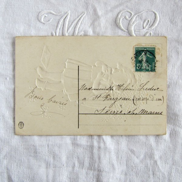 勿忘草と少女ハートのお手紙1909年 アンティークポストカード - DE PARIS