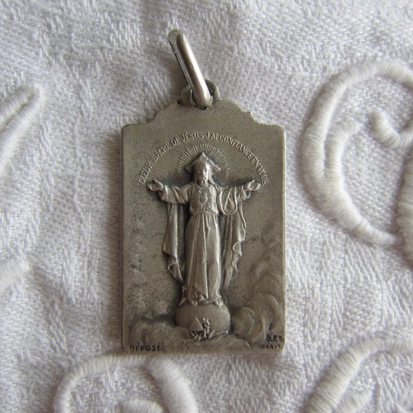 フランスアンティーク純銀製メダイ聖母キリスト大天使ミカエル