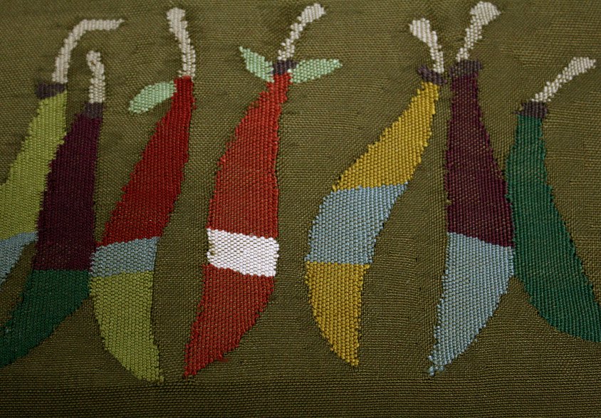 鶯茶色唐辛子柄すくい織り名古屋帯 - リサイクル着物のことなら京都で創業80年の老舗ゑちごやへ