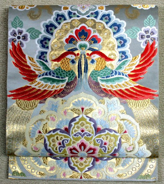 利休鼠色・華紋に向かい鳳凰文様袋帯 - リサイクル着物のことなら京都で創業80年の老舗ゑちごやへ