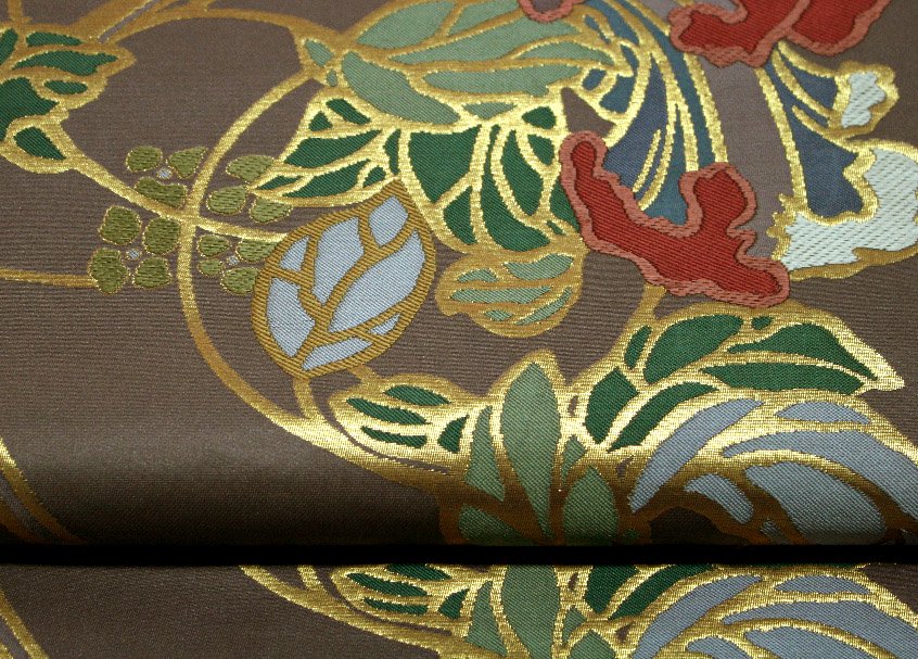 茶梅染色唐花文様袋帯 - リサイクル着物のことなら京都で創業80年の老舗ゑちごやへ