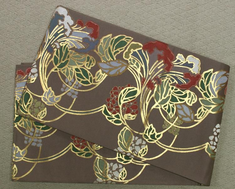 茶梅染色唐花文様袋帯 - リサイクル着物のことなら京都で創業80年の老舗ゑちごやへ