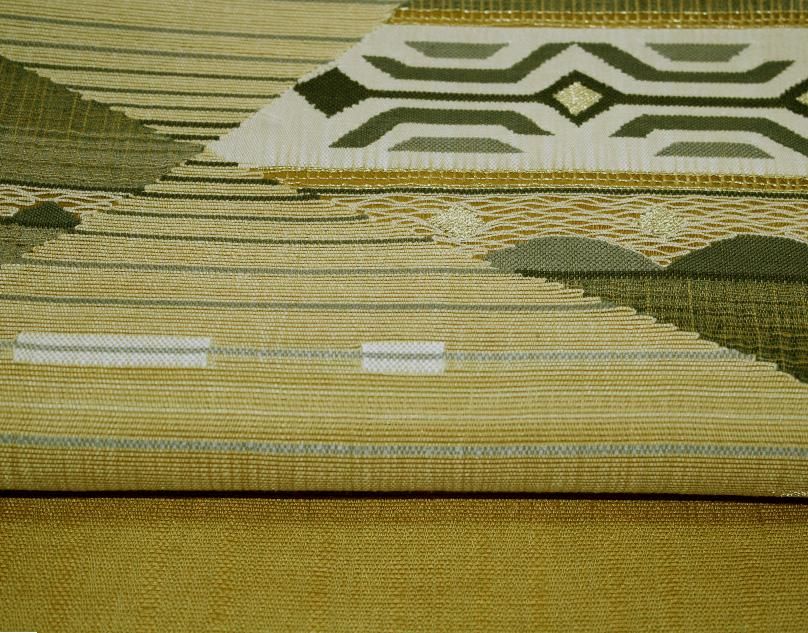 帯 新古品 美品 袋帯「すくい織 縦縞 海老茶 マルーン 柑子色