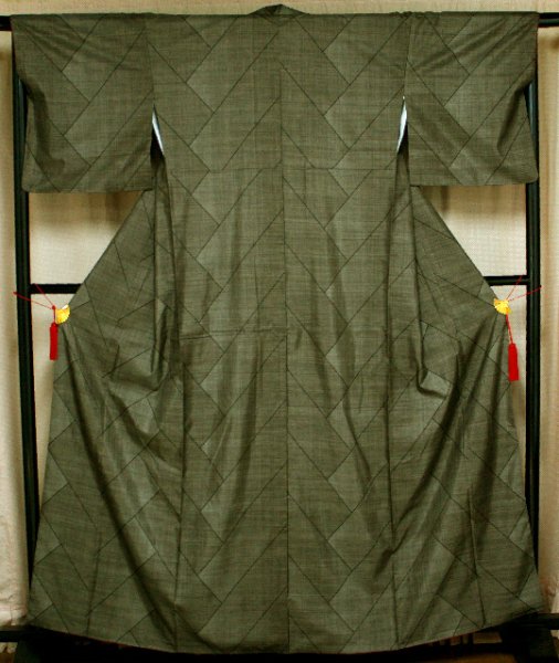 R6SK564 大島紬 黒 麻の葉 カタス式 9マルキ 正絹 袷 着物 - 着物・浴衣
