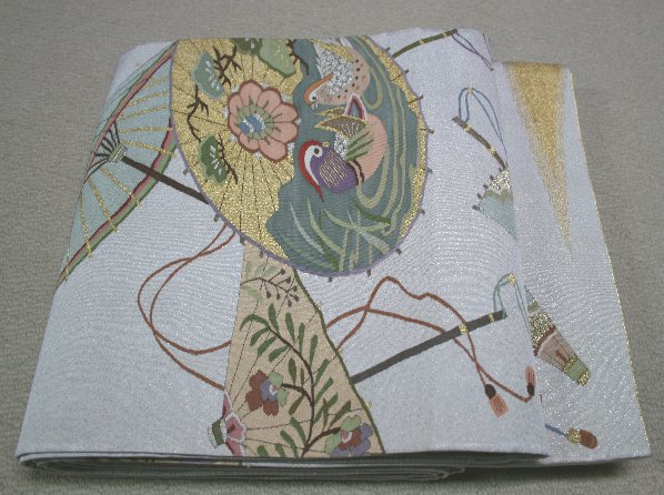 白銀杢綴れ織・傘文様袋帯（希少品です） - リサイクル着物のことなら京都で創業80年の老舗ゑちごやへ
