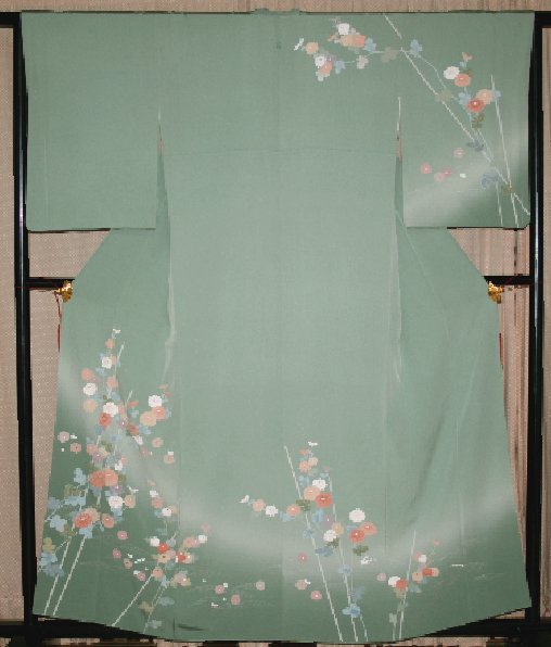 深川鼠色枝菊柄さがら刺繍付け下げ着物 - リサイクル着物のことなら京都で創業80年の老舗ゑちごやへ