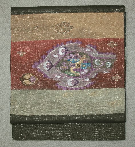 未使用の海松茶金杢・帝王紫すくい織しゃれ袋帯（お勧め品です