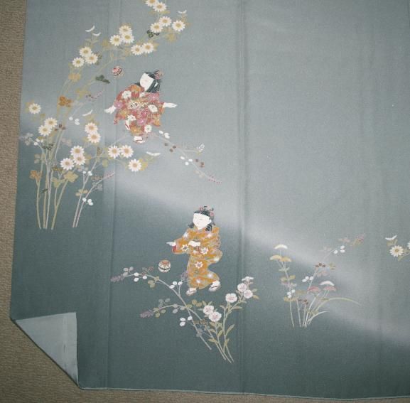 付下げ 枯山水 風景模様 灰青色 縮緬 KK-1754（灰青色・童文様