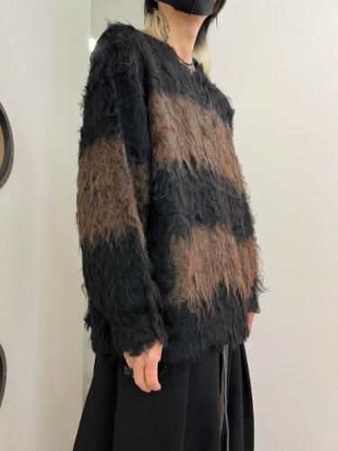 LAD MUSICIAN / LOOP YARN SHAGGY BORDER PULLOVER / KHAKI×BLACK
