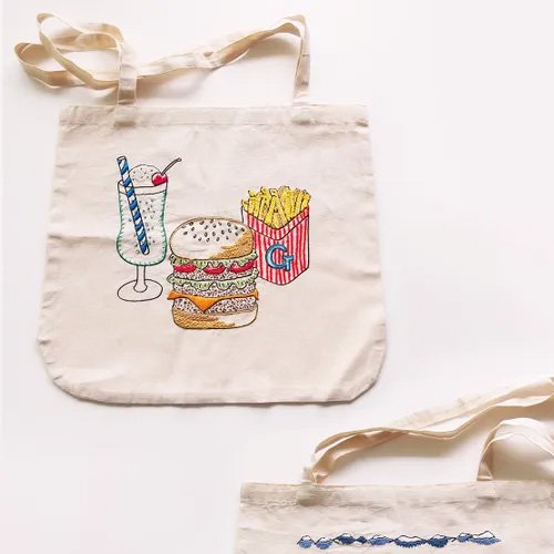 【きっともっと楽しいキット】 イラストトートバッグ刺繍キット（バーガーコンボ）/ ILLUSTRATION TOTE BAG EMBROIDERY  KIT / Giiton