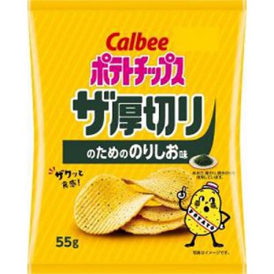 ノベルティ、販促品、粗品、景品用としてオススメなカルビー ポテトチップスザ厚切りのためののりしお味 ５５ｇです。