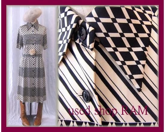 昭和レトロ 格子ストライプがら前開きワンピース モダン 昭和レトロ古着通販usedshopram