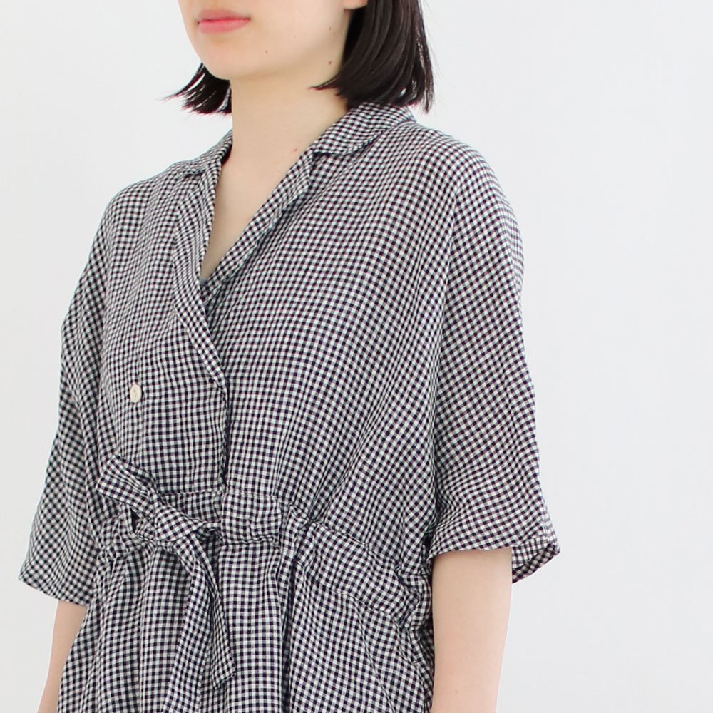 Atelier d’antan | チェックリネンワンピースショートスリーブ〈 Tarde 〉　Black Check