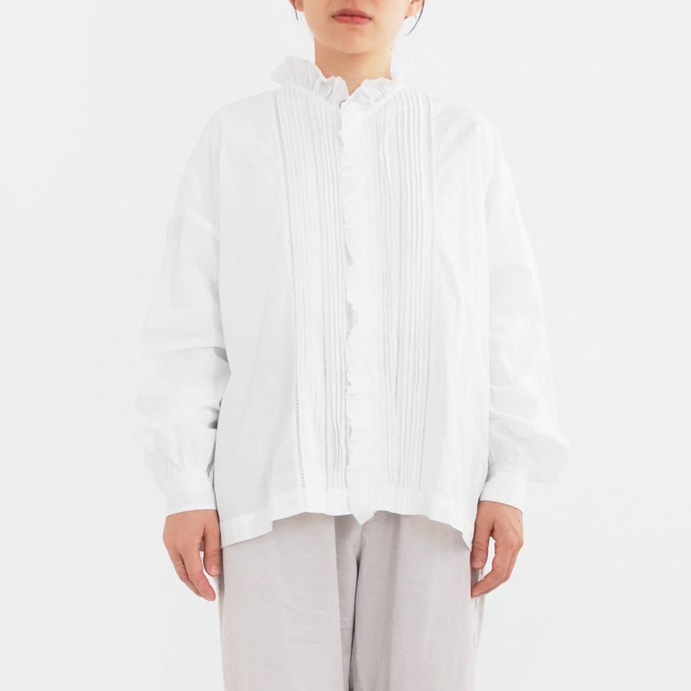 美品⭐︎[toujours] リネン ホワイト 長袖シャツ レース　トゥジュー WOMEN'S】TOUJOURS（トゥジュー）“Lace Pin Tuck Ruffle Shirt