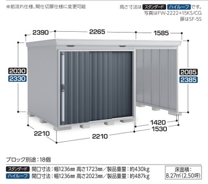 イナバ物置 フォルタウィズ 開放スペース併設物置 FW-2222+15KHTの激安