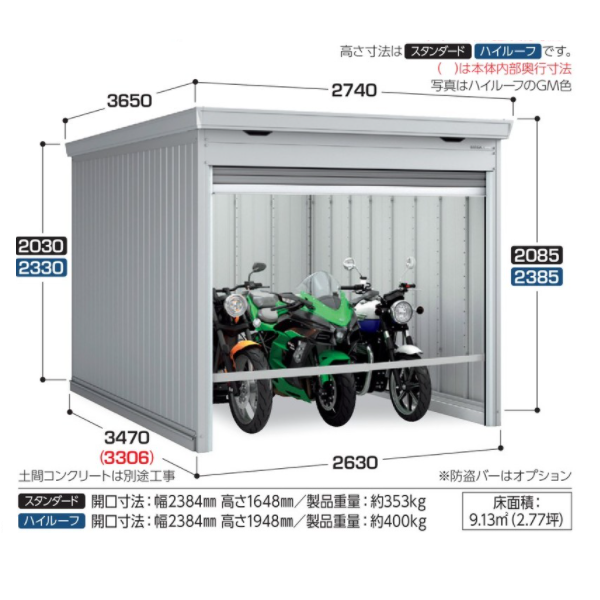 イナバ物置 バイク保管庫 床付タイプ ハイルーフ ガンメタリック [♪△] 通販