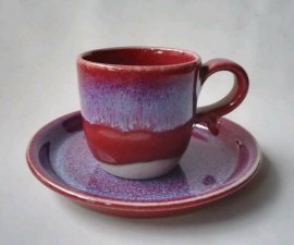 三池焼　赤いコーヒーカップ&ソーサー（辰砂コーヒーカップ＆ソーサー）【還暦祝いなどの贈り物に最適の手作り陶器】