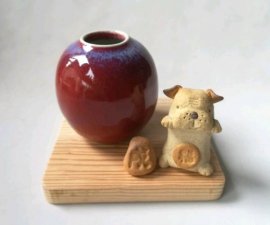 三池焼窯元・赤い花入れ＆犬(辰砂花入れ＆犬)【還暦祝いや退職祝いなどのプレゼントに最適の九州熊本の手作り陶器です】