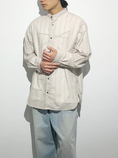 ys Yuji SUGENO(イース ユウジ スゲノ) | Cut Fringe Stripe Over Collarless Shirt　 L.GRAY | HARAJUKU VILLAGE