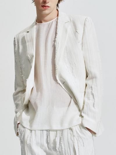 ☆ ハリソン・ウォン HARRISON WONG ストライプ柄 1Bジャケット HARRISON WONG | Ripped Texture 1B Blazer White | HARAJUKU