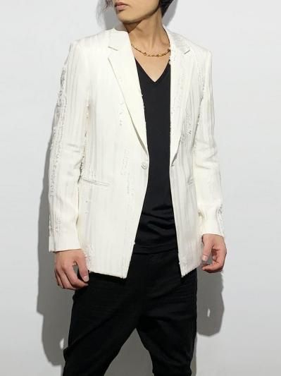 HARRISON WONG | Ripped Texture 1B Blazer White | HARAJUKU VILLAGE