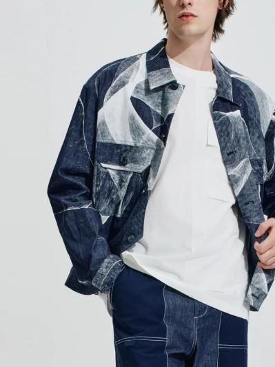 HARRISON WONG | Light Denim Jacket With Curvy Shadow Print